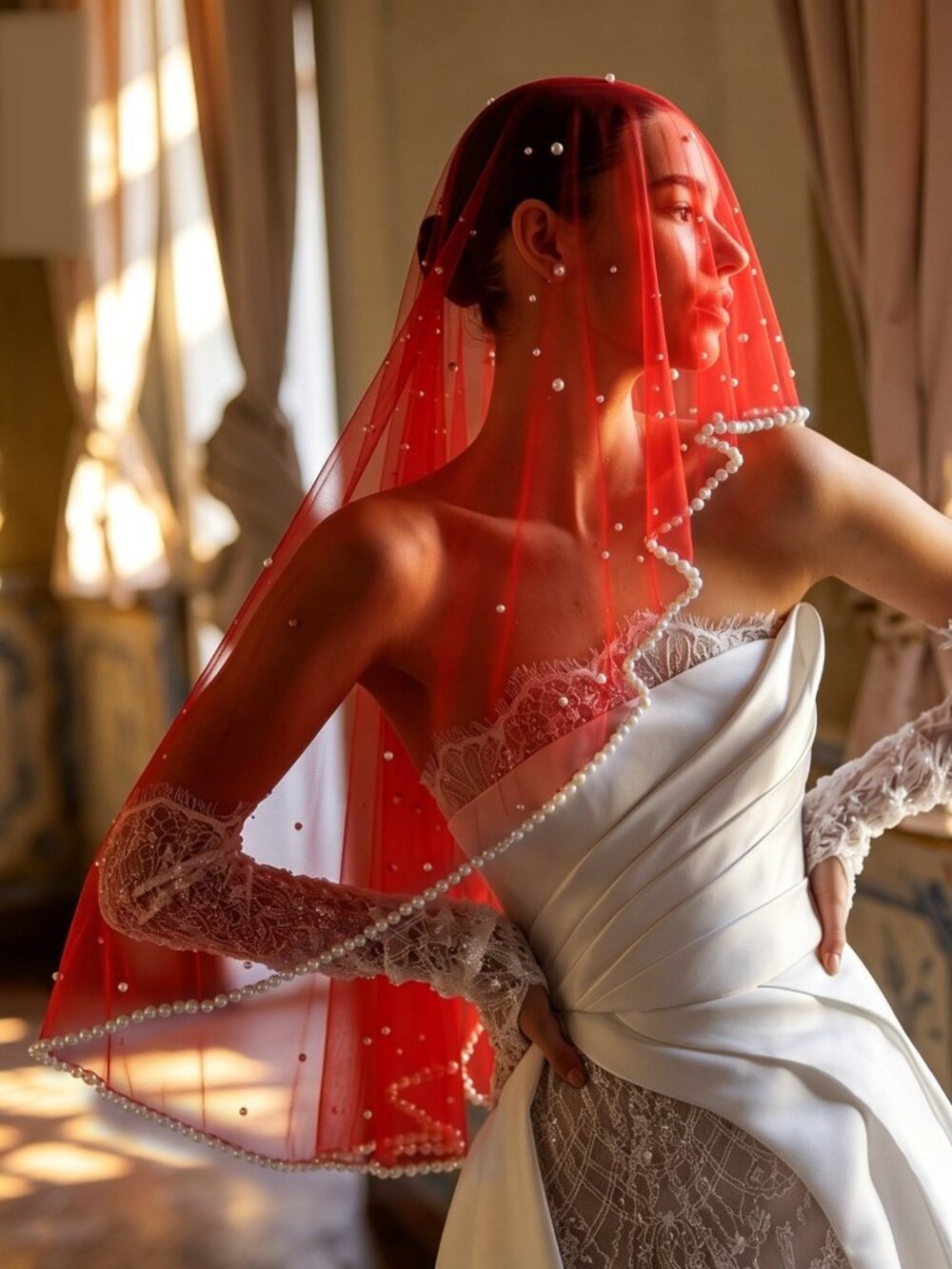 🌸 Statement Red Pearl Bridal Veil Sheer Tulle Face Veil 100x100 cm